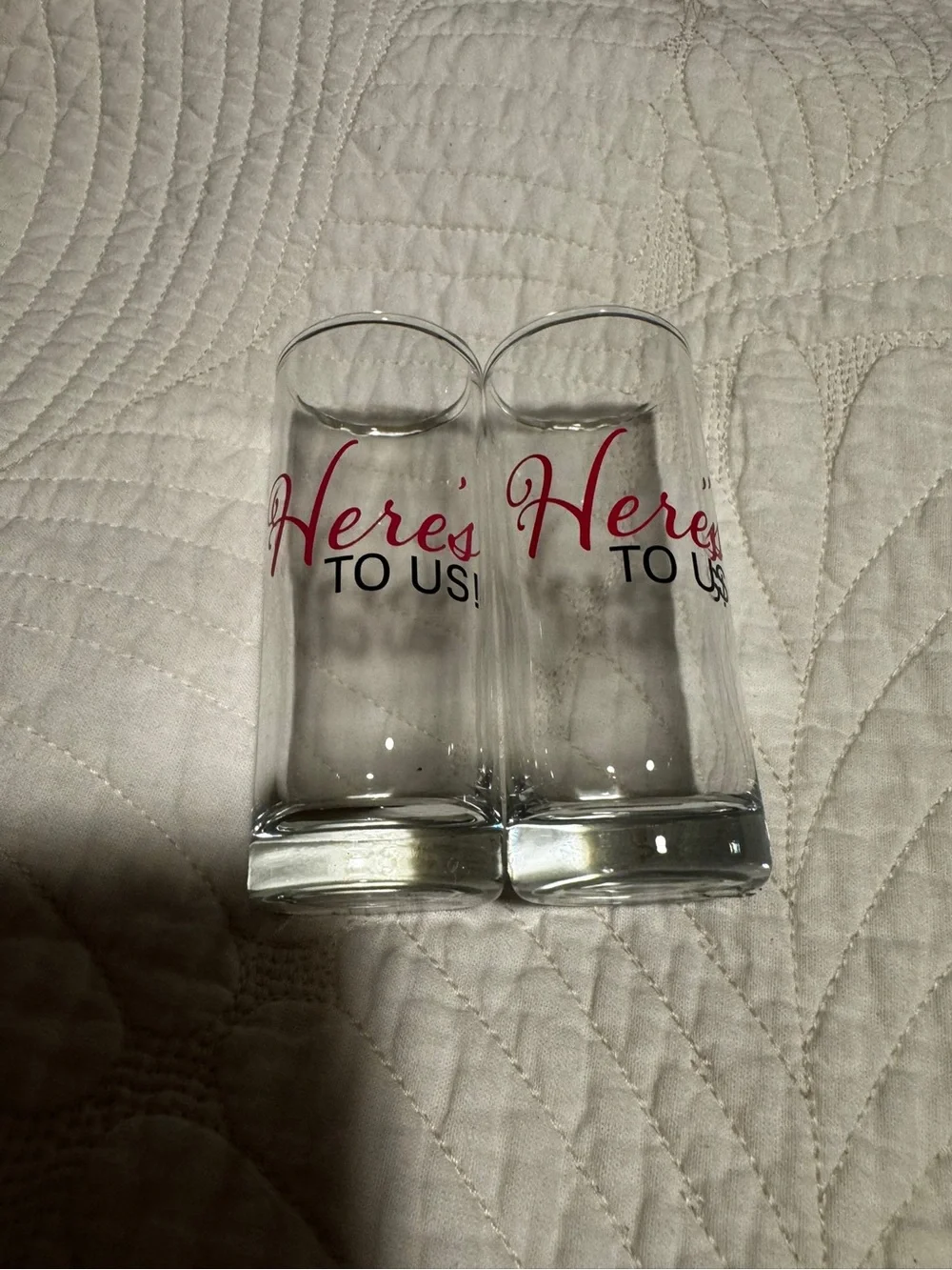 Here's To Us! Clear Shot Glass Set with Reddish/Purple and Black Script